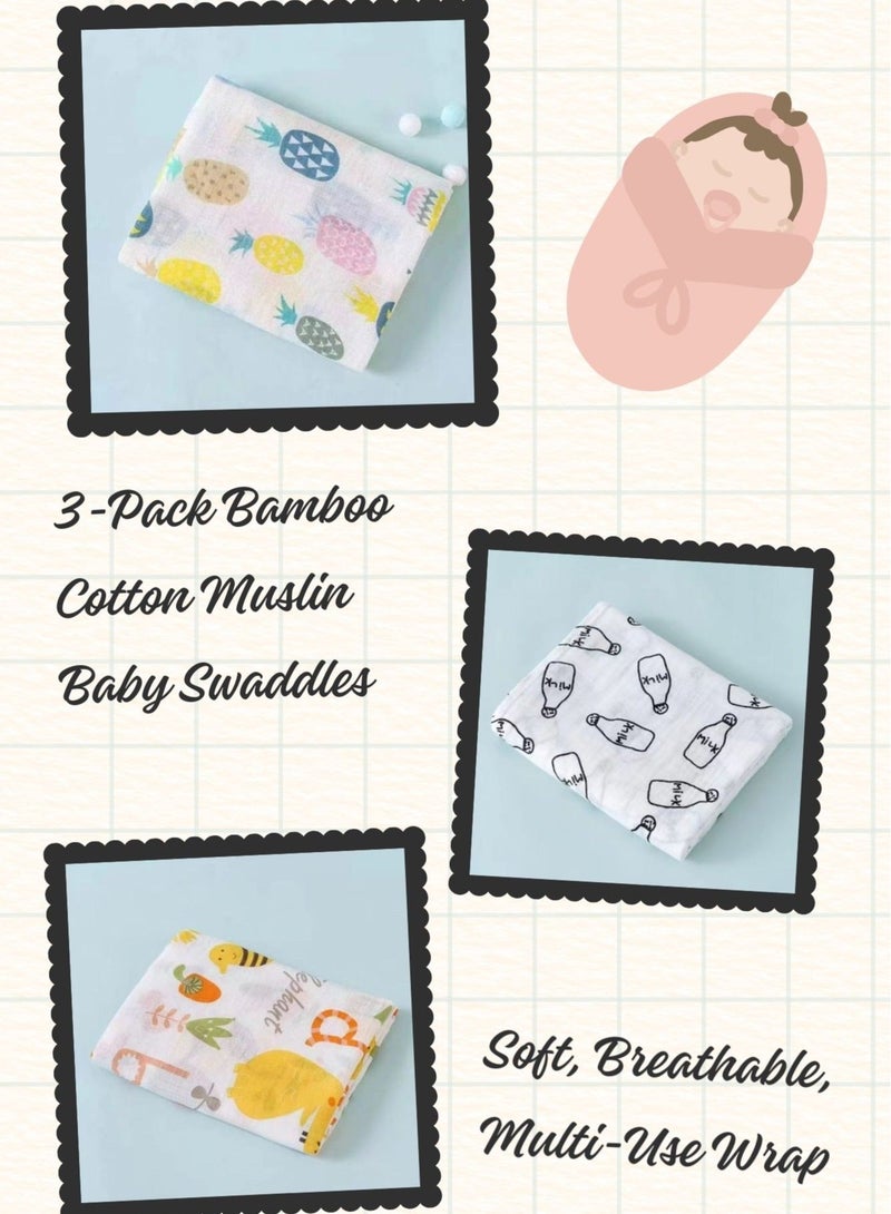Anami 3-Pack Bamboo Cotton Muslin Baby Swaddles – Soft, Breathable, Multi-Use Wraps for Newborns (110x110cm) - Image 1